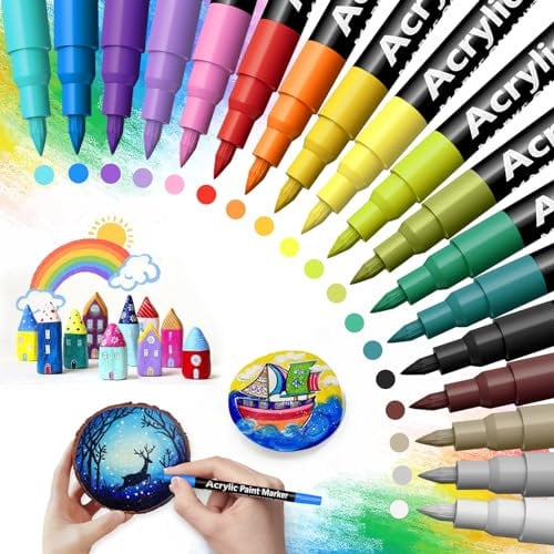 Shadcoler Feutre Acrylique pour Pierres Imperméables, 18 Couleurs Marqueur Peinture Acrylique, 0,7 mm Stylos Peinture pour Verre, Bois, Céramique, Toile, Travaux Manuels de Pâques et de Noël, Enfants