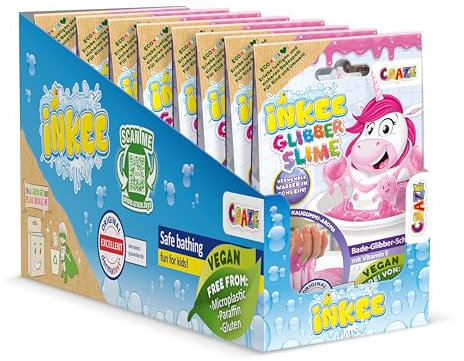INKEE - Bath Slime Unicorn 8er Set | Badeschleim für Kinder mit Vitamin E, pinkes Schleimpulver mit Bubble Gum Aroma, 8X 100g Glitzerschleim für Mädchen