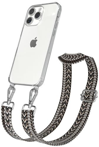 EAZY CASE - Handykette mit verstellbarem Trageriemen für iPhone 15 Pro Max Taschengurt zum Wechseln transparenter Handyhülle für iPhone 15 Pro Max Hülle dünner Schulterriemen in Grau Schwarz Silber