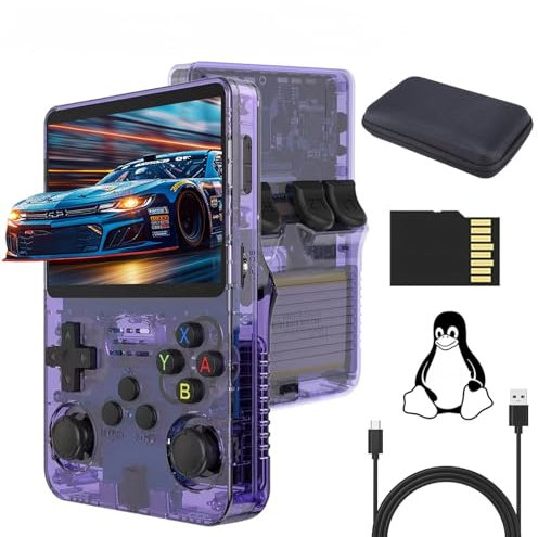 R36S Consola, 128G TF Card 17000+ Juegos Sistema Linux De Código Abierto Game Console R36S, Pantalla IPS De 3.5 Pulgadas Consola Retro R36S con Bolsa con Dual 3D Joysticks para Niños y Niñas