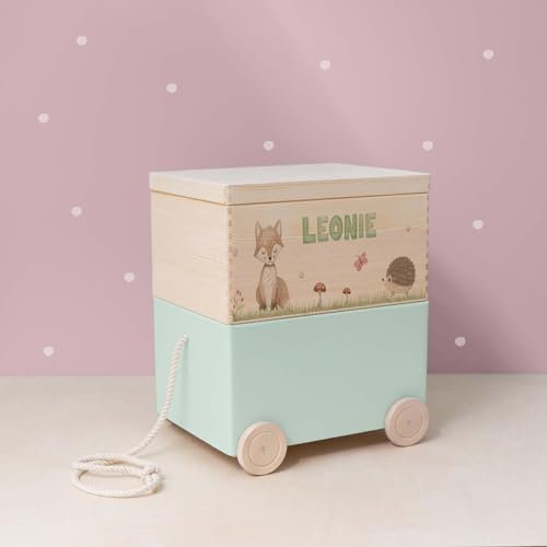 hellomini Personalisierte Spielzeugkiste aus Holz zur Aufbewahrung - Stapelkiste Holz - Spielzeugkiste Kinderzimmer - Personalisiertes Geschenk für Kinder (Fuchs 2er)