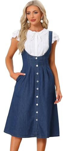 Allegra K Donna Abito Bretelle Abito Longuette in Denim Classico con Scollo A U con Bottoni sul Davanti E Tasche Blu Scuro M