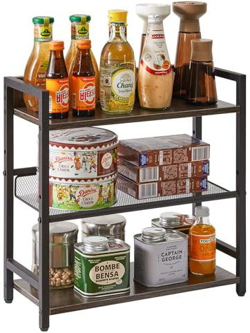 IBUYKE 3-Tier Spice Rack - Industrial Counter Shelf,Desktop Storage Organizer,Standing Seasoning Rack for Countertop Kitchen,Office,Living Room,Gray TLJ021G