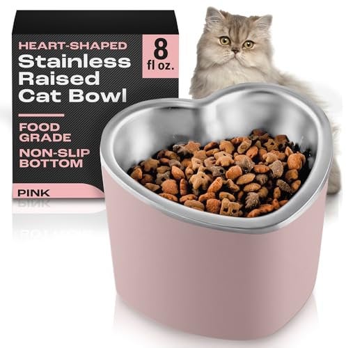 Raised Cat Bowl – 8Oz Heart Shaped Bowl for Cats, Small Dogs – Elevated Cat Bowls Promote Digestion, Swallowing – Non-Slip Dishwasher Safe Cat Food Bowls – Food Grade Stainless Steel (Pink)