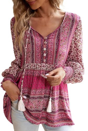 HOOUDO Boho Tops for Women UK Lace Up V Neck Summer Blouses Loose Casual Tunic Top Long Sleeve Floral Print T-Shirt Oversized Long Blouse Tee Ladies Vintage Shirts Ethnic Longline Pullover