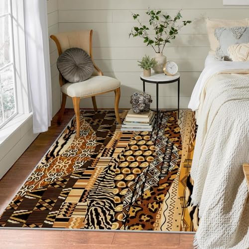 Teppich Wohnzimmer 160x230 Waschbar in Waschmaschine Afrika Ethnischer Teppich Schlafzimmer Kurzflor, Mosaik Teppiche Gegend Groß Küchenteppich Dünn rutschfest Saugfähig für Esszimmer