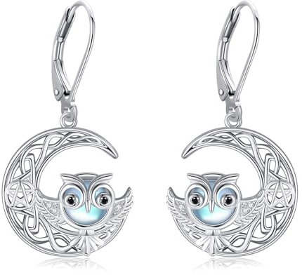 POPLYKE Eule Ohrringe 925 Sterling Silber Leverback Dangle Ohrringe für Damen Mondstein Ohrringe Eule Schmuck für Damen
