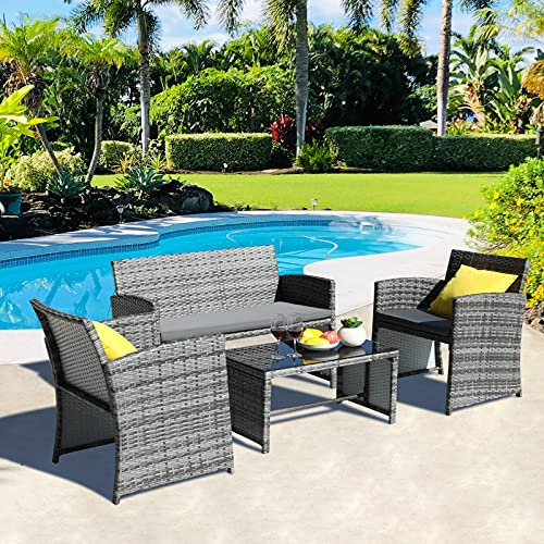 Meubles de balcon - 4 pièces - En polyrotin - Canapé double - 2 fauteuils et table - Pour terrasse, balcon, jardin, piscine