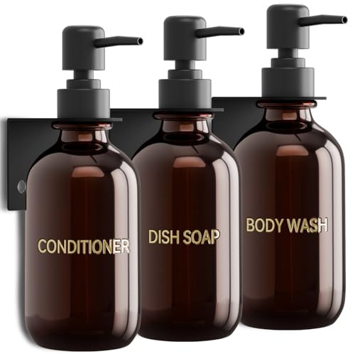 Seifenspender Wandbefestigung Ohne Bohren, 3er Set 500ml Braun Schampoospender Dusche mit Trichter und Dreidimensional Wasserdichten Etiketten für Küche Bad