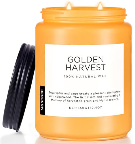 M&SENSE Goldene Ernte Herbstkerzen im Glas groß mit 2-Docht natürliche Sojakerzen mit 550g 110 Std. lange Dauer Eukalyptus & Balsamtanne Aromatische Herbstkerzengeschenk GoldenHarvest