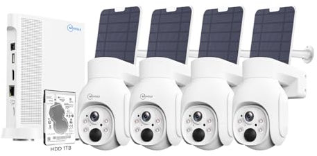 Movols 4MP Solar Security Camera System 4PCS Wireless PTZ Cameras with 10CH 4K NVR Surveillance System Built in HDD 1T,Color Night Vision, Motion Alert, Two-Way Audio,IP66 Home Surveillance Nvr Kit