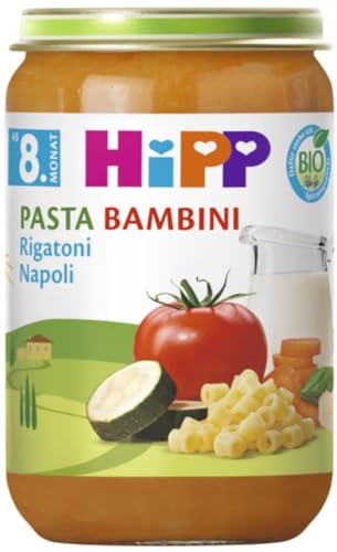 HiPP Bio Pasta Bambini Rigatoni Napoli (6 x 220g), Menü ab 8. Monat, ohne Salzzusatz, mit Omega-3, in bester Bio-Qualität