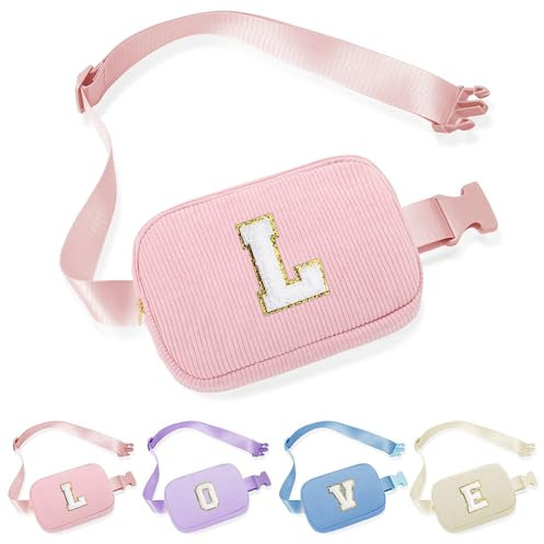 Parima Bauchtasche Damen Mädchen, Buchstaben Bauchtasche Cord Gürteltasche Sport Mode Hüfttaschen Personalisierte Geschenke für Mädchen Geburtstagsgeschenk für Frauen Rosa Bauchtasche mit Buchstaben L