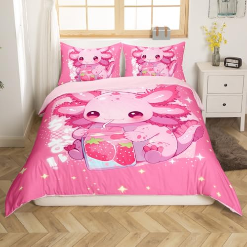 Loussiesd Bettwsche-Set 135x200cm Cartoon Cute Axolotl Betten Set fr Kinder Jungen Mdchen Schlafzimmer Bett Dekor Kawaii Ocean Sealife Bettbezug Set Axolotl Rosa 5-teilig Mikrofaser