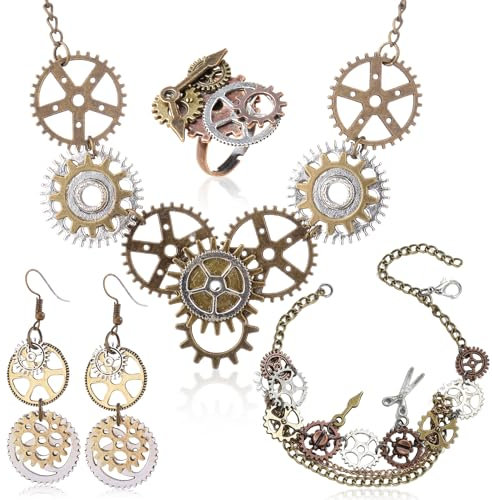 Ourdort 4 Stück Steampunk Accessoires Damen, Steampunk Kostüm Zahnräder Halskette Ohrringe Armband Ring Vintage Metall Zahnrad Steampunk Zubehör Gothic Schmuckzubehör Set für Fasching Karneval Kostüm