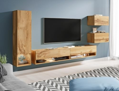 MINIO go for it - Hängend Wohnwand 4-Teilig Set Amy, ohne LED Beleuchtung | Wandschrank, Laminierte Spannplatte, Farbe: Wotan Eiche