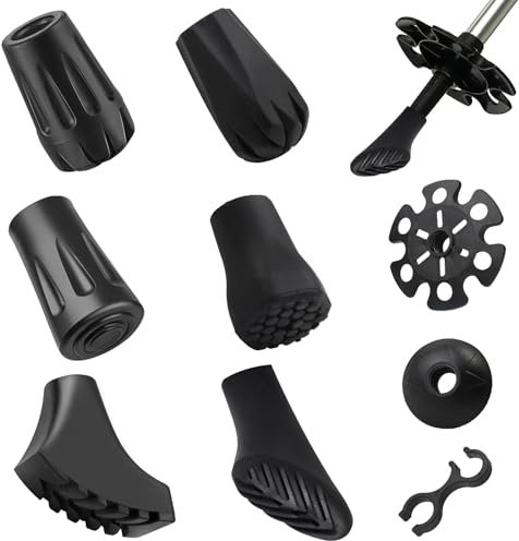 6Stks Trekkingstöcke Gummispitze, 2Stks Trekkingstöcke Schneeteller, rutschfeste Wanderstöcke Kappen, Verschleißfest Bergstöcke Gummipuffer mit Clip, Walking Stöcke Tourenteller für Asphalt Fels