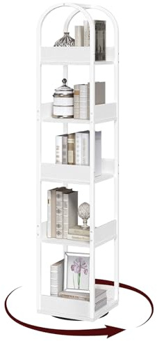 MAHANCRIS 360°Drehbares Bücherregal mit 5 Ebenen, Standregal mit Kantenschutz, 30 x 30 x 160 cm, freistehendes Aufbewahrungsregal, für Wohnzimmer, Arbeitszimmer, Weiß ABKBW3501