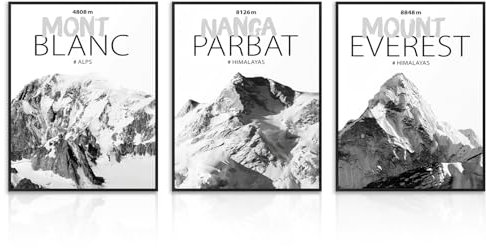 Dazzlewall 3er Set Schwarz Weiß Berg Wandbilder, Himalaya Nanga Parbat, Mount Everest, Alpen Mont Blanc Leinwand Bilder für Büro Wohnzimmer Deko 30×40 cm Ungerahmt