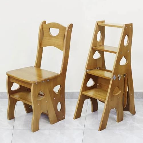 3 in 1 Convertible Folding Step Ladder Chair, 4-Step Library Step Stool, Solid Wood Foldable Ladder Chair, Folding Display Shelf, Multi-Purpose Home Furniture (Light Walnut)