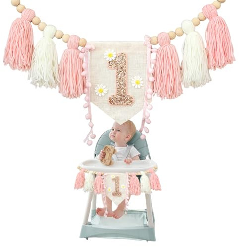 GlamRays Boho 1. Geburtstag Hochstuhl Banner Partydeko für Mädchen Baby Dusche Wandaufhänge Dekoration für Kinderzimmer (mit Gänseblümchenmuster Rosa Weißem)