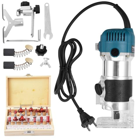 Einhandfräse Kantenfräse - Oberfräse Trimmer 800W | 40000 U/min Elektrowerkzeug Mit 6-Gang-Regelung | 15-teiliges Fräserset (1/4) & Führungsschiene | Holz Oberfräse Kantenfräse Für Holzverarbeitung