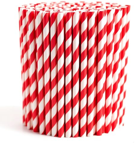 250-Pack Biodegradable Paper Straws – Thick & Non-Soggy – Plastic-Free, Recyclable, Durable Drinking, Juice, Coffee, and Cold Drinks Eco-Friendly Stripped Straws for Party - Red & White