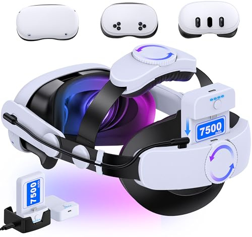 Battery Headstrap Compatible with Meta Quest 3/3S/2, Robust VR Strap for Meta Quest 3 Accessories with 2 x 7500 mAh Battery and 1 x Charging Dock, Balanced Comfortable Headband, Extended Playtime