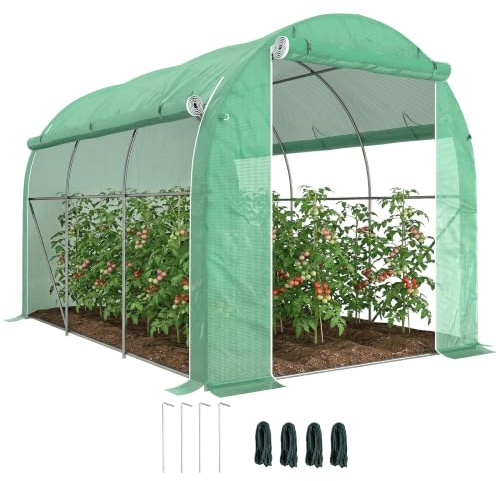 Outsunny Invernadero de Exterior de Túnel 296x196x200 cm 3 Puertas Verde | Puertas Enrollables, 6 Ventanas, Cubierta PE 140g/m², Estructura de Acero Galvanizado, para Cultivos Plantas Flores
