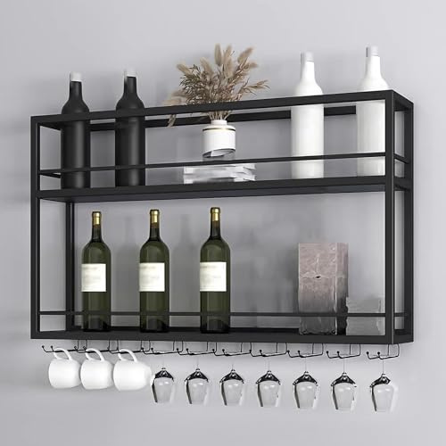 Wall Mounted Wine Rack - 2 Layer Wooden Bottle Holder with Glass Storage & Guardrail, Stylish Wine Display for Bar, Kitchen & Dining Room - Black, 120x20x65cm