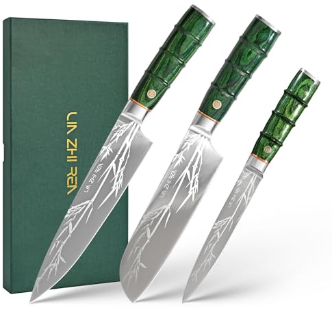 LIN ZHI REN 3-Piece Kitchen Knife Set – Ultra-Sharp Stainless Steel Chef, Utility & Paring Knives, Non-Slip Bamboo-Pattern Ergonomic Handles
