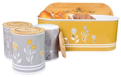 Bread Bin & 3-Piece Canister Set – Airtight Metal Containers for Bread, Tea, Coffee & Sugar – Stylish Kitchen Storage & Organized Countertops (Floral Yellow)