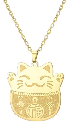 UNIFT Collier chat porte-bonheur pour homme et femme en acier inoxydable avec pendentif Maneki Neko avec symbole Fu pour cadeau de bonne fortune pour votre bien-aimé