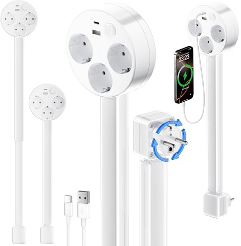 Erweiterbarer Schwenkbuchse Expander - 3 AC-Steckdosen & USB-Anschlüsse, verstellbar 18-26 Zoll für hinter Möbeln und Engen Räumen