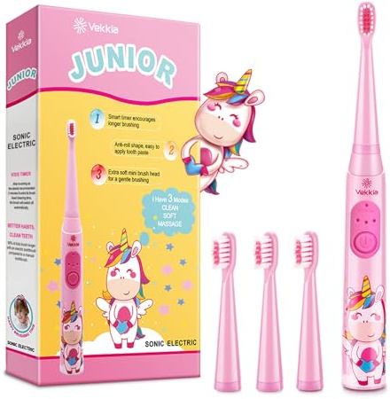 Vekkia Kids Rechargeable Electric Toothbrush for Ages 5-12, 4 Brush Heads | Electric Toothbrush Kids with Timer, 3 Modes, IPX7 Waterproof, 28000VPM Powerful & Gentle for Children‘s Teeth, Pink