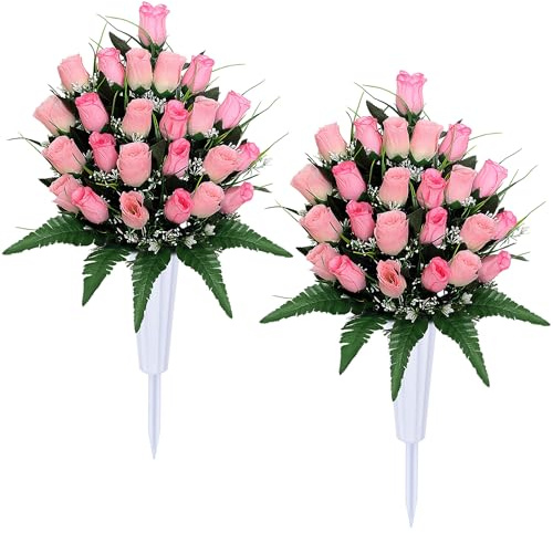 Hibsotco Artificial Cemetery Flowers with Vases 2 Sets Memorial Rose Bouquets for Outdoor Grave Decorations (Pink)