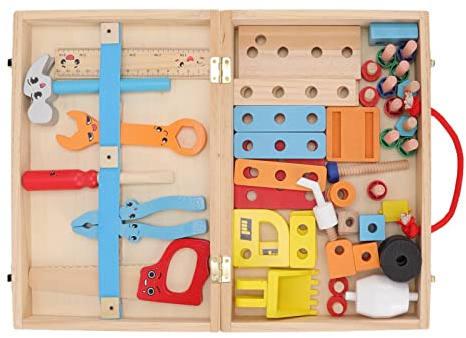 EMUKOEP Werkzeugset, Rollenspiel-Werkzeugspielzeug aus Holz für Kleinkinder mit Werkzeugkasten, Pädagogisches -STEM-Spielzeug für und Mädchen Im Alter von 3, 4, 5 Jahren
