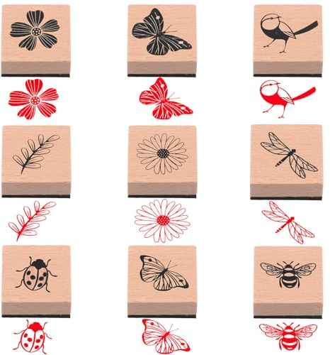 9 Stück Vintage Holzstempel Schmetterling Blumen Motive Holzstempel Set Natürliche Blumen Stempel Holz Naturpflanzen Mustern Vintage Motivstempel,Stempelset für DIY Handwerk Basteln Scrapbooking