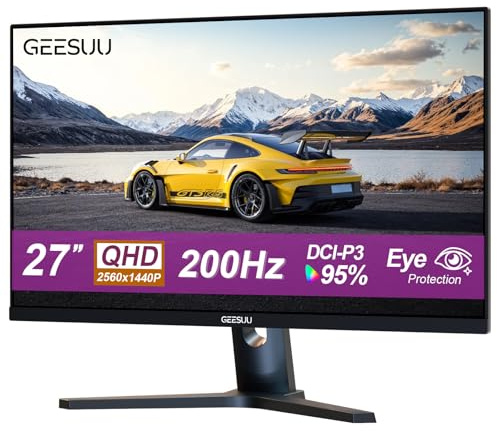 GEESUU Monitor Gaming 27 Pollici, 200Hz QHD 1440p, IPS, 95% DCI-P3, Bassa Luce Blu, Senza Lampeggiamento, HDMI 2.1 e DP 1.4