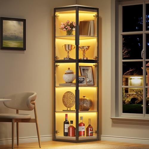 Ktipm Vitrina Expositora con Iluminación LED y Diseño de Doble Puerta, Vitrina Salon con Estante y Dispositivo Antivuelco, Vitrinas Expositoras, Muebles de Salon, 40x40x170 cm, Blanco