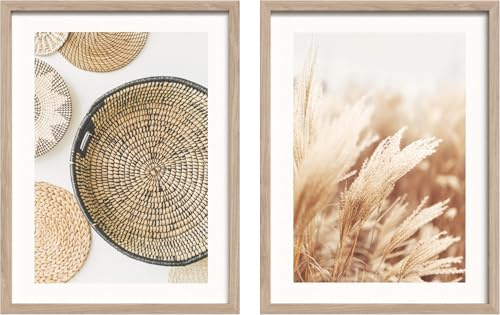 STYLER Bilder Set Full Beige 2x 30x40 cm (AUFHÄNGFERTIG) mit hochwertigem Holzrahmen – Boho Wandbilder Beige Natur Modern – Minimalistische Poster mit Pampas & Flechtoptik