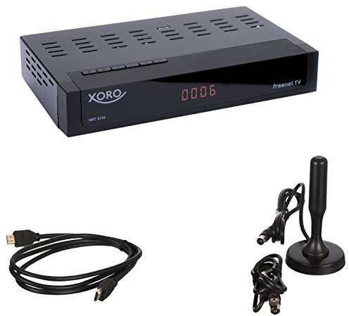 Xoro HRT 8730 KIT Full HD HEVC DVB-T/T2 Receiver (H.265, HDTV, HDMI mit Kabel, kartenloses Irdeto-Zugangssystem für Freenet TV, Mediaplayer, PVR Ready, USB 2.0, 12V, Antenne) schwarz