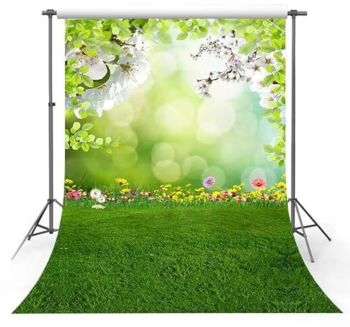 MEHOFOTO 1,5 x 2,1 m Frühlings-Fotografie-Hintergrund, grüner Rasen, Blume, Sonnenschein, Portrait, Banner, Erwachsene, Kinder, Geburtstag, Party, Dekoration, Kuchen, Smash, Neugeborene,