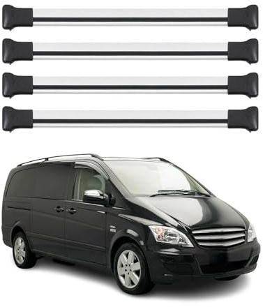 OMAC Porte-vélos Porte-ski Porte-bagages compatible avec Mercedes Viano Vito W639 2003-2014 Aluminium 75kg Argent 4 pièces Barre ouverte pour porte-vélos, coffres de toit, porte-ski Verrouillable