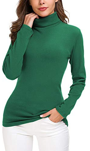 EXCHIC Donna Casuala Solido Manica Lunga Adatto Maglione Dolcevita Elastico Felpa Pullover (XL, Verde Scuro)