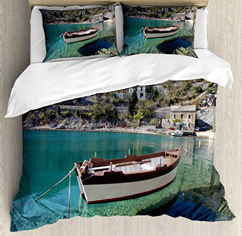 ABAKUHAUS Kroatien Bettbezug Set für Einzelbetten, Ruhige Szene Boot auf Bay, Milbensicher Allergiker geeignet mit Kissenbezug, 200 x 200 cm - 70 x 50 cm, Mehrfarbig