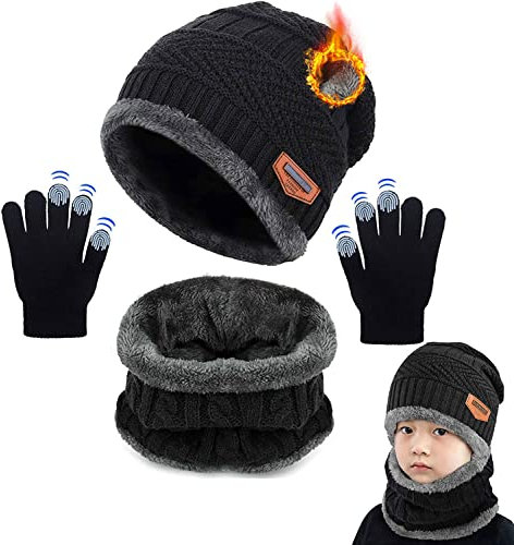 CheChury Enfants Bonnet Tricoté Écharpe Gants d'hiver Tour De Cou avec Double Polaire Chaud Écharpe et Chapeau pour Garçons et Filles, 3 Pièces,Taille unique,Noir