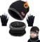 CheChury Enfants Bonnet Tricoté Écharpe Gants d'hiver Tour De Cou avec Double Polaire Chaud Écharpe et Chapeau pour Garçons et Filles, 3 Pièces,Taille unique,Noir