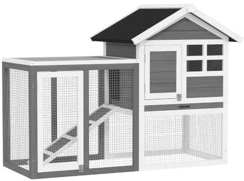 PawHut Rabbit Hutch Bunny Cage Pull-Out Tray Grey 124 x 63 x 93 cm