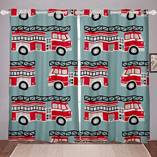 Tbrand 3D Feuerwehrauto Fenstervorhang 183x117cm Karikatur Auto Fahrzeug Vorhänge für Kinder Feuerwehrleute Rettung Feuerwehr Blickdichte Vorhänge Teal Blau Drucken
